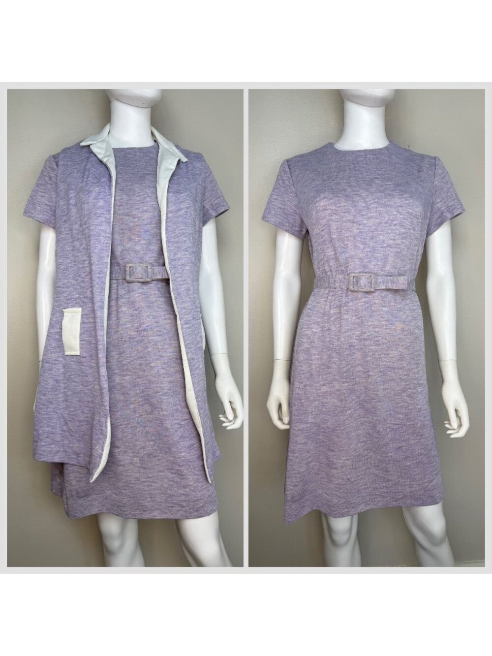 Vintage 1960s/70s Lavender Dress and Vest Set, Size Large, Short Sleeve Suit